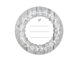 Etiketten rund | Holzoptik grau - Blumenornament - zum selbstbeschriften