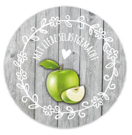 Marmeladenaufkleber rund | Holzoptik mit Blumenornament - Apfel grün