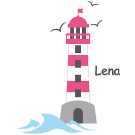 Wandaufkleber | Leuchtturm pink - Möwen & Wunschname