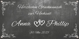 Banner Hochzeit 100 x 50 cm | Tafeloptik - weiße Ornamente mit Herzen - Herzlichen Glückwunsch