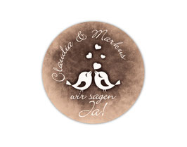 Hochzeitsaufkleber | Vintage Vögelchen "Wir sagen Ja" - braun