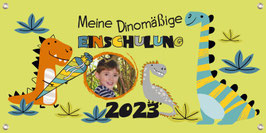 Banner zur Einschulung 100 x 50 cm - mit Foto | Meine Dinomäßige Einschulung - grün
