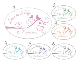 Hochzeitsaufkleber - oval | Tauben auf Blumenranke - weiß