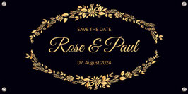 Banner Hochzeit 100 x 50 cm | Goldfarbenes Blumenornament oval - Save the Date - schwarz