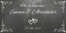 Banner Hochzeit 100 x 50 cm | Tafeloptik - weiße Ornamente mit Herzen - Wir trauen uns