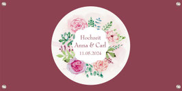 Banner Hochzeit 100 x 50 cm | Blumenkranz rosa Rosen - Dunkelrot