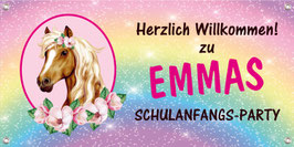 Banner zur Einschulung 100 x 50 cm | Pferd - Glitzer Regenbogen