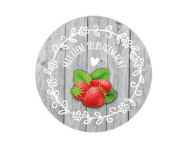 Marmeladenaufleber rund | Holzoptik mit Blumenornament - Erdbeere