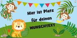Banner Kinderparty 100 x 50 cm - mit Wunschtext personalisierbar | Äffchen und Löwe