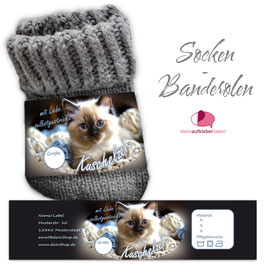 6 Sockenbanderolen | Kuschelzeit - mit Liebe selbstgestrickt - Babykatze in Wolle - blau schwarz - personalisierbar & transparente Klebepunkte