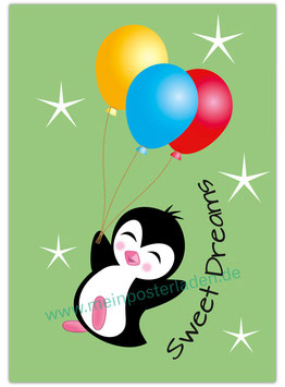 Kinderposter - Pinguin mit Luftballons " Sweet Dreams" - grün