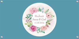 Banner Hochzeit 100 x 50 cm | Blumenkranz rosa Rosen - Petrolblau