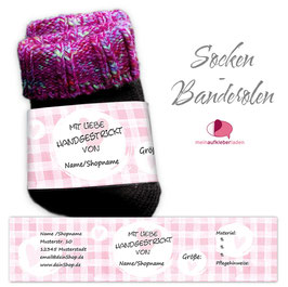 6 Sockenbanderolen | Mit Liebe handgestrickt - rosa Vichy Karos und Herzen - personalisierbar & transparente Klebepunkte