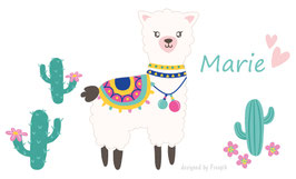 Wandaufkleber - Set | Lama rosa mit Kakteen, Blüten & Herzen