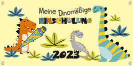 Banner zur Einschulung 100 x 50 cm | Meine Dinomäßige Einschulung - gelb