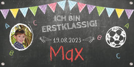 Banner zur Einschulung 100 x 50 cm - mit Foto personalisierbar | Tafeloptik Fußball