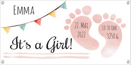 Banner zur Geburt 100 x 50 cm | Baby Fußabdruck - rosa
