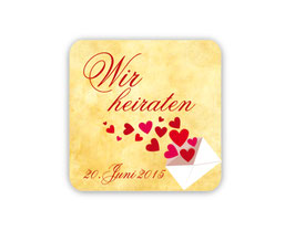 Hochzeitsaufkleber - eckig | Vintage Liebesbrief Herzchen "Wir heiraten" - gelb