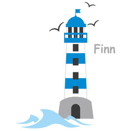 Wandaufkleber | Leuchtturm blau - Möwen & Wunschname