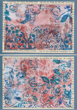 2 Faltkarten: Gellidruck Ornament rot/türkis, Var. 1