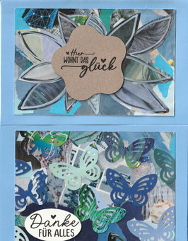 2 Faltkarten: Papiercollage blau Schmetterlinge/Blütenblätter