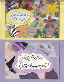 2 Faltkarten: Papiercollage bunt/lila