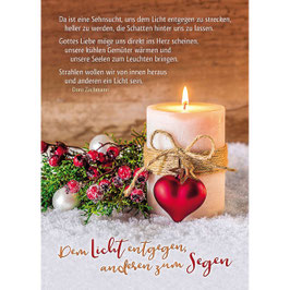 Postkarte Weihnachten: weiße Kerze, rotes Herz - Sehnsucht