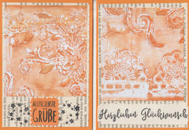 2 Faltkarten: Gelli Ornament in Orange, mit Stempelaufdruck