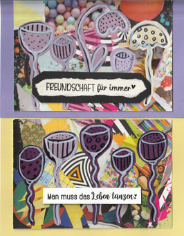 2 Faltkarten: Papiercollage bunt - Blumenkelche