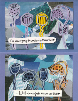 2 Faltkarten: Papiercollage blau - Blumenkelche