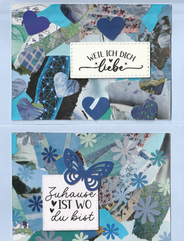 2 Faltkarten: Papiercollage Blümchen/Herzen blau