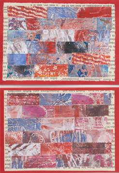 2 Faltkarten: Gelli-Collage klein in rot, Var. 1