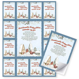 Aufkleber-Postkarte: Häuser im Schnee - Gott kommt zu uns