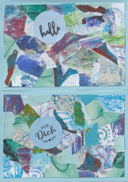 2 Faltkarten: Gellidruck-Collage Mix-Mint, mit Stempelaufdruck