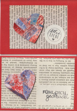 2 Faltkarten: Gellidruck-Collage 3D: Kleines Herz in rot/blau und Stempelaufdruck