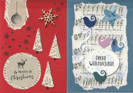 2 Faltkarten Weihnachten: blaue Vögel / gefaltete Bäumchen + Holzelement
