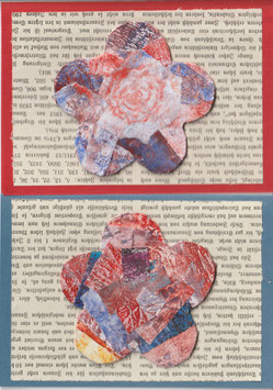2 Faltkarten: Gelli-Collage 3D: große Blume in rot/blau