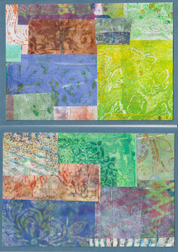2 Faltkarten: Gelli-Collage groß, blau Var. 1
