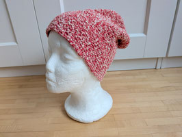 Damen Häkelmütze weiß/rot aus Baumwoll-Bändchengarn