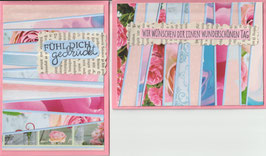 2 Faltkarten: Streifen in Rosa/Hellblau mit Stempelaufdruck