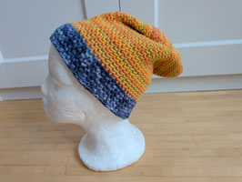 Damen Häkelmütze orange/blau aus Baumwoll-Bändchengarn