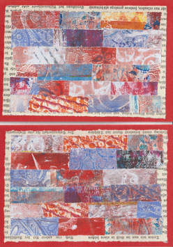 2 Faltkarten: Gellidruck-Collage klein in rot, Var. 3