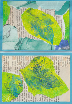 2 Faltkarten: Gelli-Collage Blätter Grün-Mint