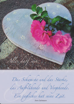 Postkarte Z: Rosen auf Holzherz - Alles darf sein