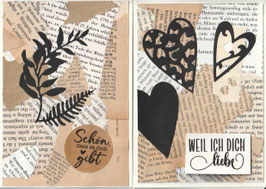 2 Faltkarten: Collage Buchseiten - Herzen/Blätter