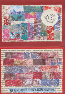 2 Faltkarten: Gelli-Collage klein, rot, mit Stempelaufdruck