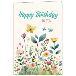 Faltkarte Geburtstag: Grafik Schmetterlinge auf Blumenwiese - Happy Birthday