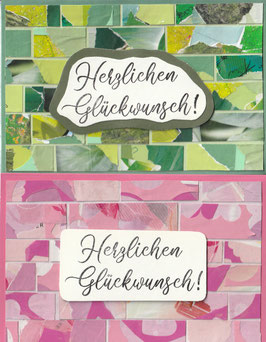 2 Faltkarten: Papiercollage grün/pink: Herzlichen Glückwunsch
