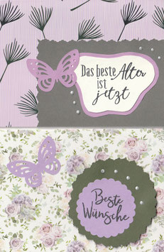 2 Faltkarten: Applikation & Silberglanz - Beste Wünsche / Das beste Alter ist jetzt