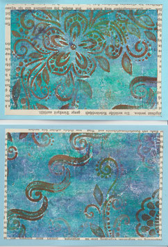 2 Faltkarten: Gellidruck Ornament rot/türkis, Var. 3